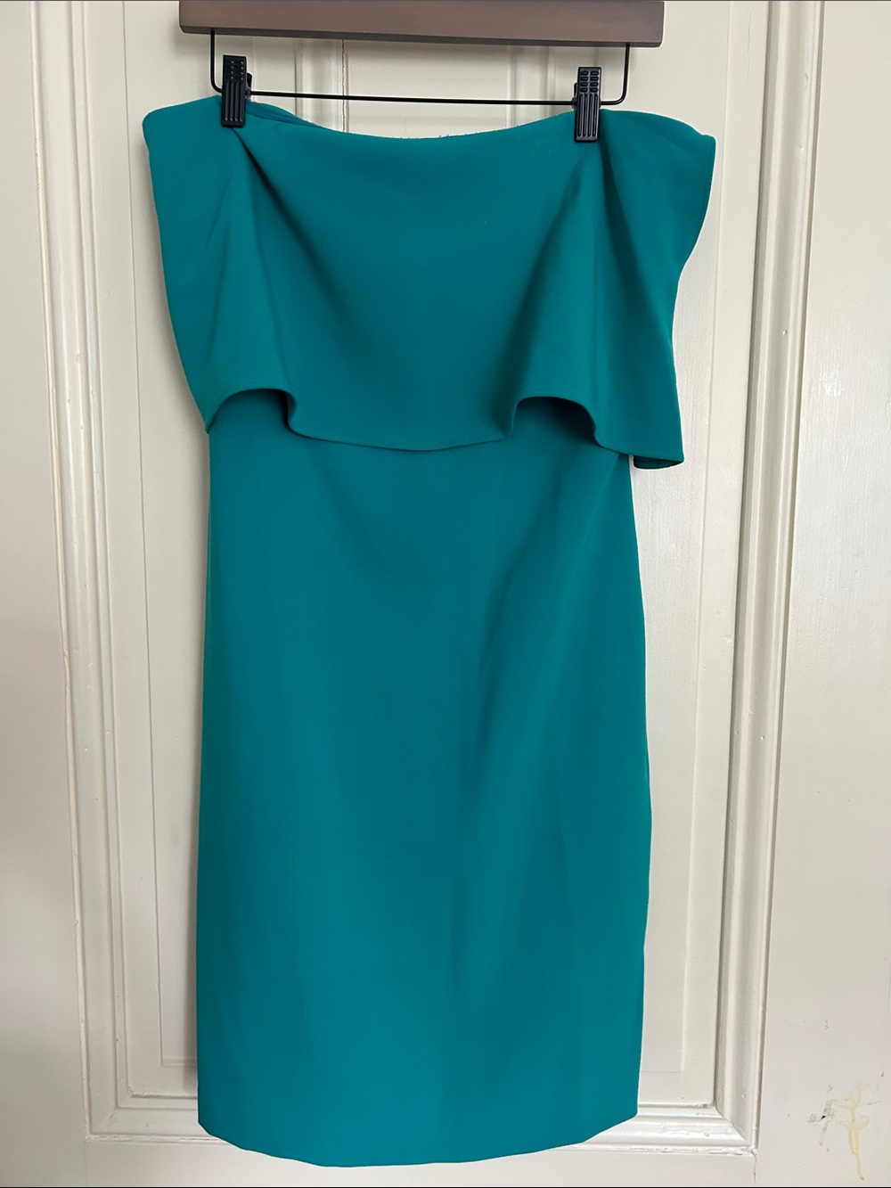 Likely Strapless Teal Ruffle Sheath Dress